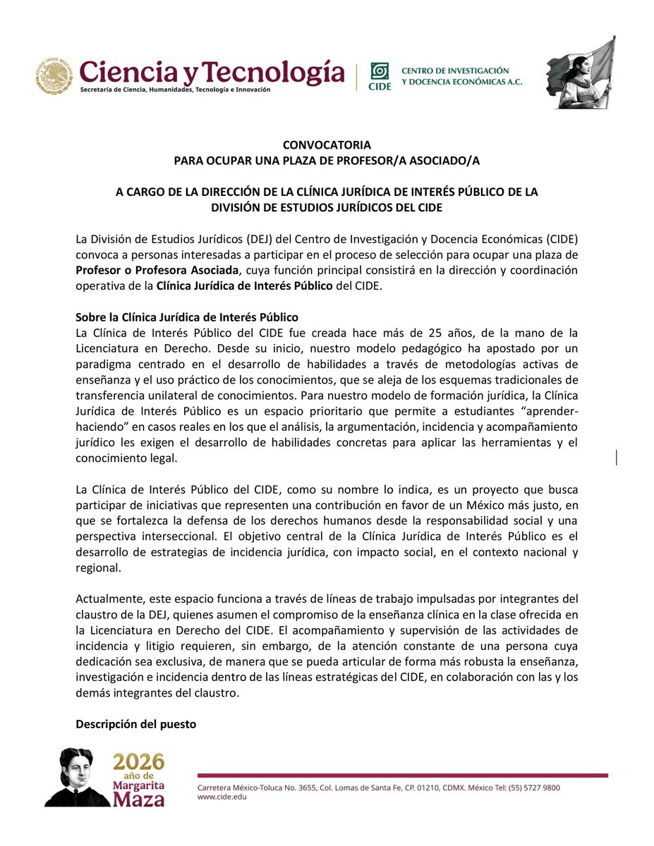 CIDE_MX's tweet photo. .@derechoCIDE tiene disponible una plaza para la dirección y coordinación operativa de la Clínica Jurídica de Interés Público del CIDE. 

⏰ Cierre de convocatoria: 31 de agosto de 2026.
📩 Informes: ximena.medellin@cide.edu
🔗 Convocatoria: https://t.co/6iNP7pRMC5 https://t.co/VOEXcYLYDw