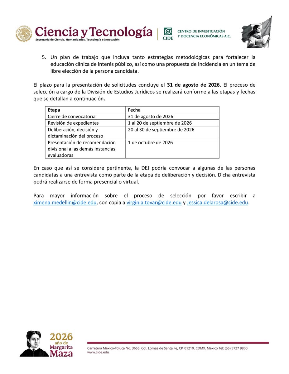 CIDE_MX's tweet photo. .@derechoCIDE tiene disponible una plaza para la dirección y coordinación operativa de la Clínica Jurídica de Interés Público del CIDE. 

⏰ Cierre de convocatoria: 31 de agosto de 2026.
📩 Informes: ximena.medellin@cide.edu
🔗 Convocatoria: https://t.co/6iNP7pRMC5 https://t.co/VOEXcYLYDw