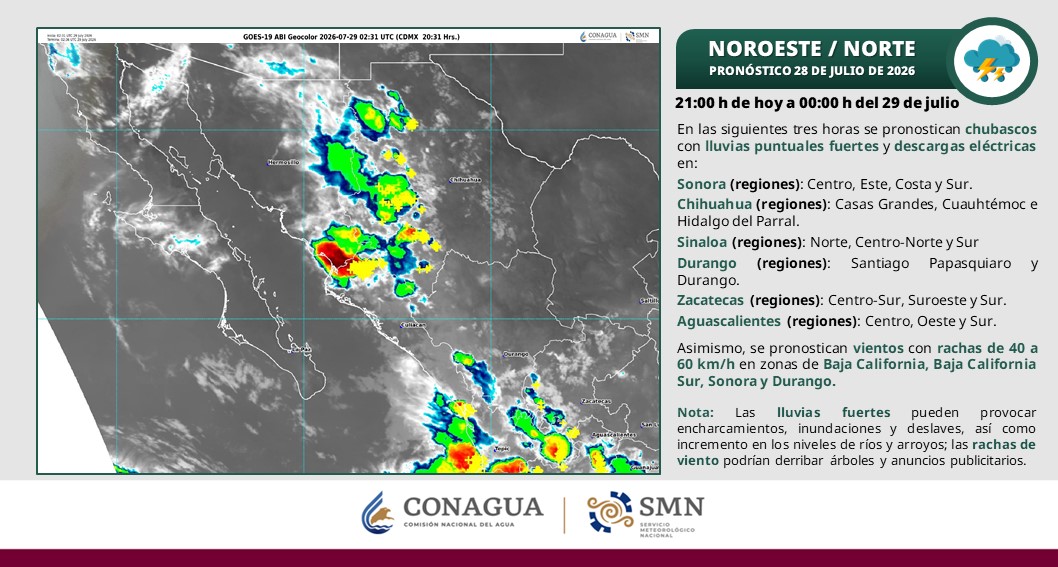 conagua_clima's tweet photo. Se pronostican #Lluvias fuertes, #DescargasEléctricas y #Rachas de #Viento de 30 a 60 km/h en zonas del noroeste, norte y occidente de #México. https://t.co/bCGGNuY0Sk