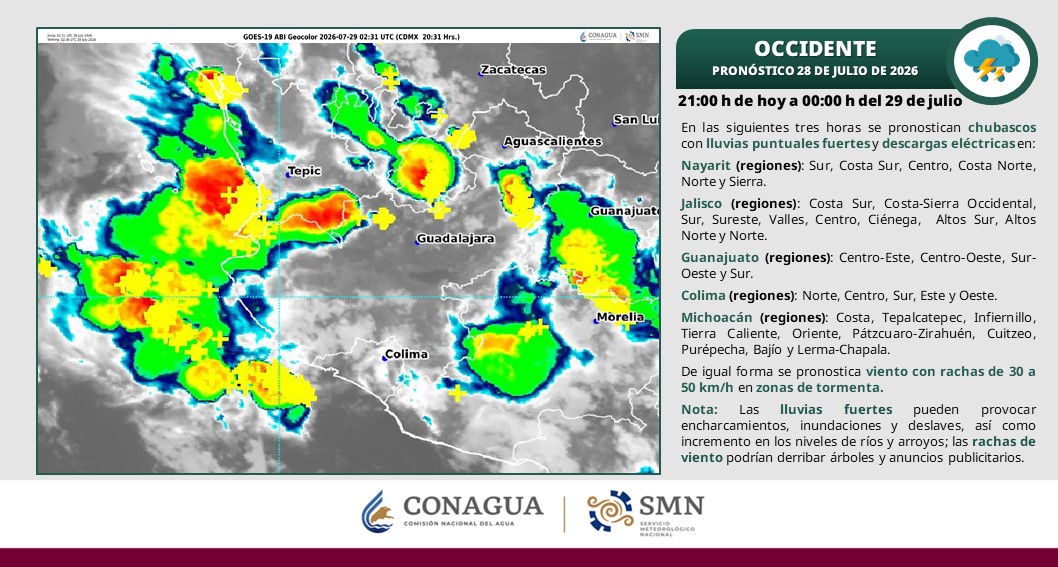 conagua_clima's tweet photo. Se pronostican #Lluvias fuertes, #DescargasEléctricas y #Rachas de #Viento de 30 a 60 km/h en zonas del noroeste, norte y occidente de #México. https://t.co/bCGGNuY0Sk