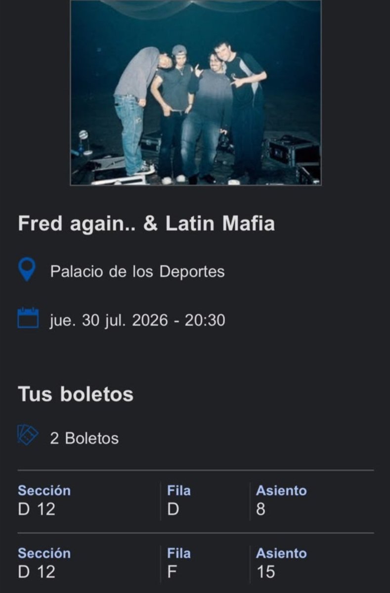 livinsometimes's tweet photo. Vendo dos boletos para Fred Again y Latin Mafia el 30 de Julio ($2k por los dos). Están en filas pegadas.
Cero estafa, un amigo los escogió mal. Mándame DM https://t.co/Pa7dRsC1Lb