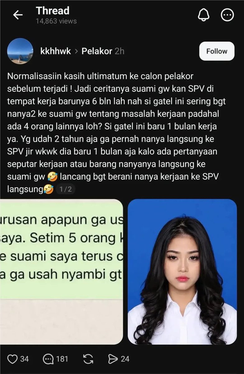 t0rtila_'s tweet photo. MENURUT GW

ini opini, chat putri ke si SPV sama sekali ga gatel. gaada flirty flirty, dan dia juga manggil nama dia sendiri karena mungkin di kantornya ini memang kaya gitu. jadi gw bisa bilang kalo istrinya ini overreacting sama chatnya si putri. setakut itu sm pelakor sampe semua interaksi suaminya di sus-in. 

cuy bayangin, ni anak baru masuk kerja, nanya nanya ke SPV karna gatau apa apa. terus istri SPVnya bikin utas kaya gini. kasian bangettttt:(