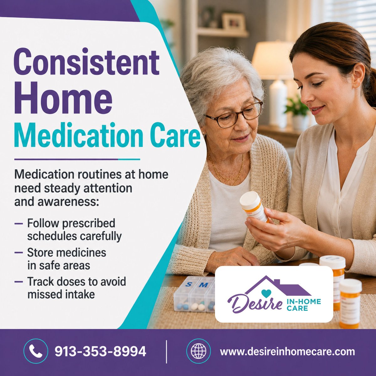 DesireCares's tweet photo. Consistent medication routines help support safer daily living at home. Simple habits can reduce missed doses and improve care consistency.  

📞: 1-913-353-8994 
📧: admin@desireinhomecare.com 
🔗: https://t.co/J5TXuyOIMm 

#KansasCityMO #SeniorHomeCare #Loveyourself https://t.co/5CUG4GtVmz
