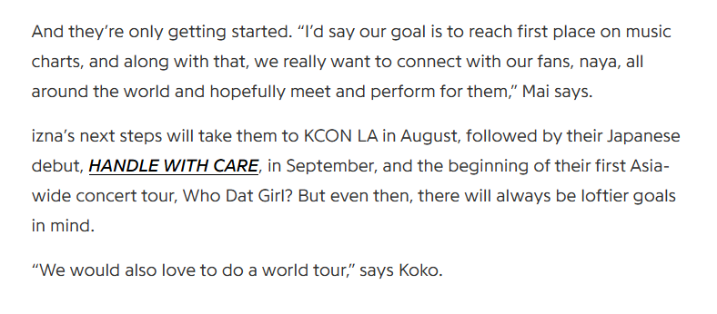 iznavibe's tweet photo. Mai says izna's goals now are to "reach first place on music charts and meet fans from all over the world"

And it seems that WHO DAT GIRL? is an Asia-wide concert tour, but could possibly expand to be a world tour? since Koko said they'd love to do a world tour as well https://t.co/J8ZcIuGRb5