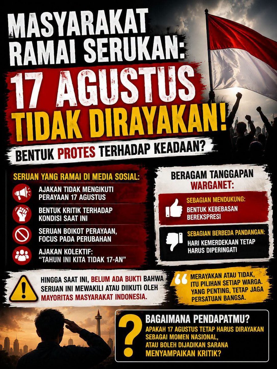 PngAdilnR4kyt's tweet photo. MASYARAKAT RAMAI SERUKAN 17 AGUSTUS TIDAK DIRAYAKAN...

BENTUK KRITIK/PROTES TERHADAP KEADAAN SAAT INI....‼️

#RakyatInginRevolusi2026
#RakyatInginRevolusi2026
🆘🆗 https://t.co/CbDA36HwvU