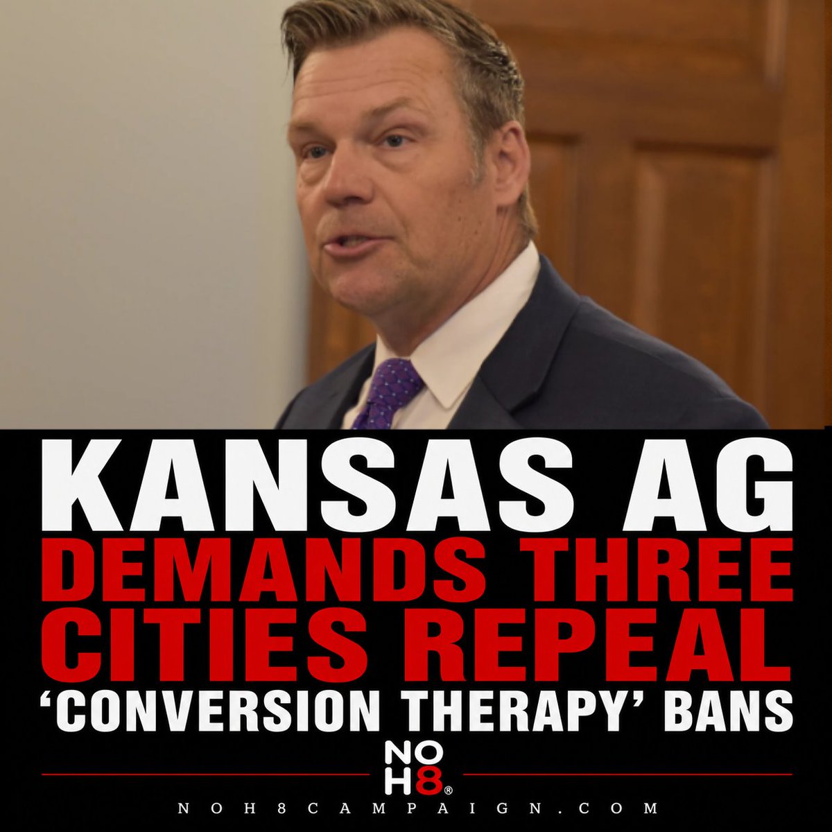 NOH8Campaign's tweet photo. Kansas Attorney General Kris Kobach has ordered Lawrence, Prairie Village, and Roeland Park to repeal local bans protecting LGBTQ+ youth from "conversion therapy' within 60 days, threatening legal action #NOH8 https://t.co/RcJfyLcOwo