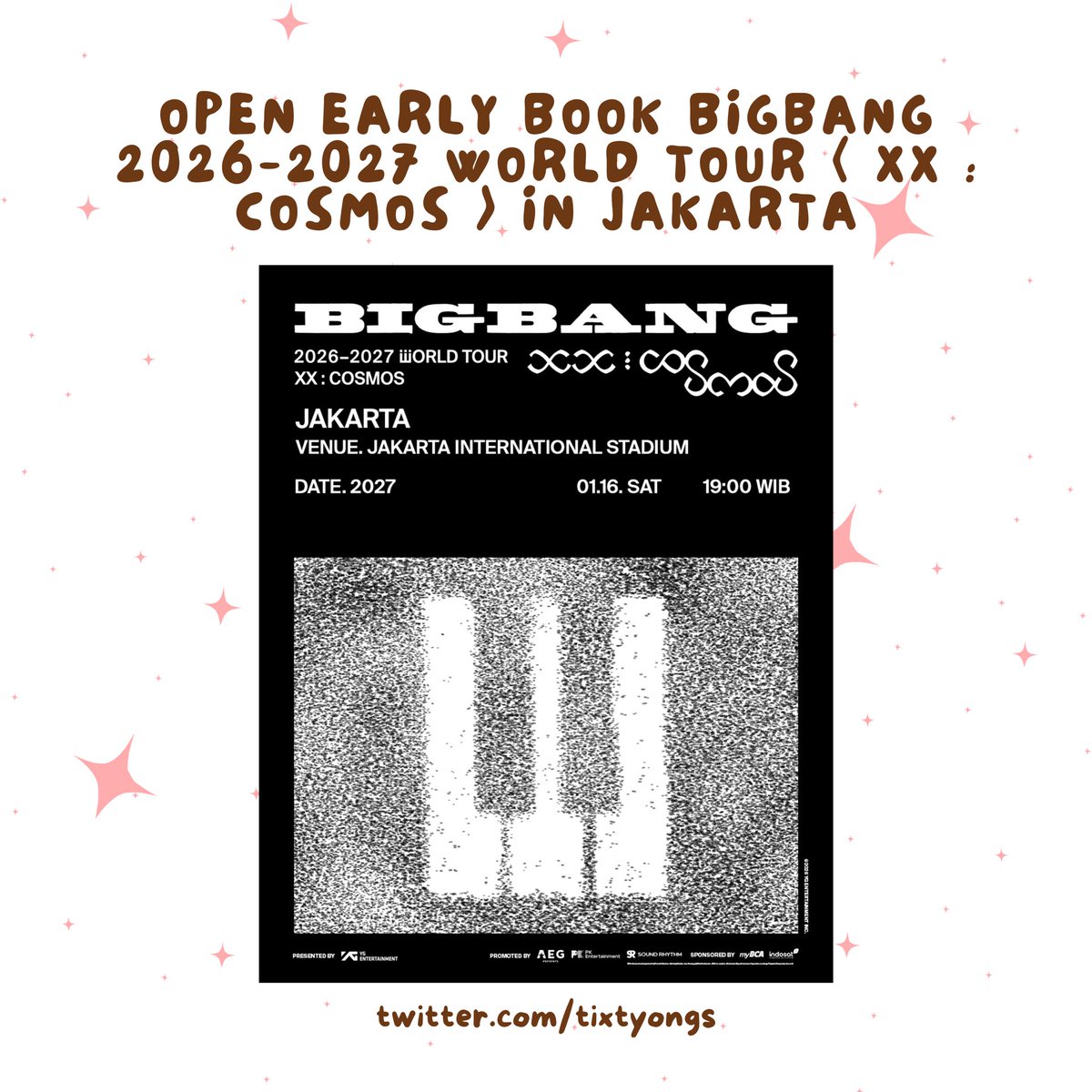 tixtyongs's tweet photo. OPEN EARLY BOOK JASWAR / JASTIP TICKETING BIGBANG WORLD TOUR IN JAKARTA.

💸FEE 400K-450K.
BOOKSLOT 50K‼️

✅ Jaswar bisa self-payment &amp; menggunakan data peibadi.
✅ Sisa fee dibayar after secured.

‼️ORDER BY WHATSSAP‼️

t. jaswar jastip ticketing bigbang cosmos in jakarta https://t.co/mIiShTy73I