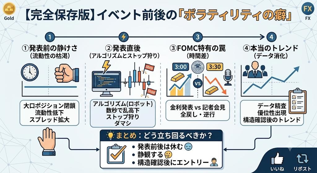 FOTHERS97's tweet photo. 【完全保存版】
━━━━━━━━━━━━━━━━
→【ゴールド・トレーダー必見】←
￣￣￣￣￣￣￣￣￣￣￣￣￣￣￣￣
ＦＯＭＣ・雇用統計前後の
「ボラティリティの癖」と
大衆が負ける理由👇
━━━━━━━━━━━━━━━━

月に数回訪れる特大イベント「FOMC」と「米雇用統計」。
この前後で資金を溶かしてしまう人が後を絶ちません。

しかし、相場には明確な「ボラティリティの癖」が存在します。
確信を持って言える事実と、相場の裏側で何が起きているのかを深掘りして解説します。

────────────────
① 発表前の静けさ（流動性の枯渇）
────────────────

大イベントの数時間前〜直前は、機関投資家などの大口がリスクを避けてポジションを閉じます。
その結果、市場の「流動性（取引量）」が極端に低下します。

・スプレッドが急拡大しやすくなる
・少しの注文で価格が大きく飛びやすくなる

この時間帯に、普段通りのテクニカル分析が機能することを期待してポジションを持つのは非常に危険です。

────────────────
② 発表直後（アルゴリズムとストップ狩り）
────────────────

数値が発表された瞬間、最初の値動きを作っているのは人間の手ではなく「アルゴリズム（自動売買プログラム）」です。
ヘッドライン（見出しの数字）だけに反応し、秒単位で機械的な売買が行われます。

ここでの癖は【初動はダマシになりやすい】ということです。
上下どちらにも長いヒゲをつけ、大衆の損切り注文を根こそぎ巻き込んでから、本当の方向へ進むことが多々あります。発表直後の「飛び乗り」が最もギャンブルになりやすい理由がこれです。

────────────────
③ FOMC特有の「時間差」の罠
────────────────

FOMCには特有の癖があります。
・午前3:00（冬時間は4:00）＝ 声明文・政策金利の発表
・午前3:30（冬時間は4:30）＝ FRB議長の記者会見

3:00の発表で大きく上昇（または下落）したにも関わらず、30分後の議長発言のニュアンスで【全戻し】や【完全な逆行】をすることが頻繁に起きます。FOMCは「会見が終わるまでがFOMC」です。

────────────────
④ 本当のトレンドの発生（データの消化）
────────────────

発表直後の乱高下が落ち着くと、市場は「詳細なデータ」を消化し始めます。
雇用統計であれば失業率や平均時給の細かな内容、FOMCであれば金利見通し（ドットプロット）などです。

本当に優位性のあるトレンドが発生するのは、大口投資家がこれらのデータを精査し、再び資金を市場に投入し始めてからです。
最低でも15分足、できれば1時間足が確定してチャートの構造が明確になるまでは、方向感を決めつけないことが鉄則です。

────────────────
💡 まとめ：どう立ち回るべきか？
────────────────

・発表前〜直後は「休むも相場」を徹底する
・最初の乱高下（ストップ狩り）を冷静に見送る
・市場が事実を消化し、テクニカルが再び機能し始めてからエントリーを検討する

特にゴールド（XAU/USD）や為替相場では、この時間帯のボラティリティは凶器にもなりますが、癖を理解して「待つ」ことができれば、その後のトレンドに乗る大きなチャンスにもなります。

無駄な損失を減らし、生き残るトレードを徹底していきましょう。

毎日、朝と夕方にゴールドの分析を投稿しています👍

迷いのないトレードをしたい方は、フォロー・いいね👍でチェック、ＲＴで共有お願いします。