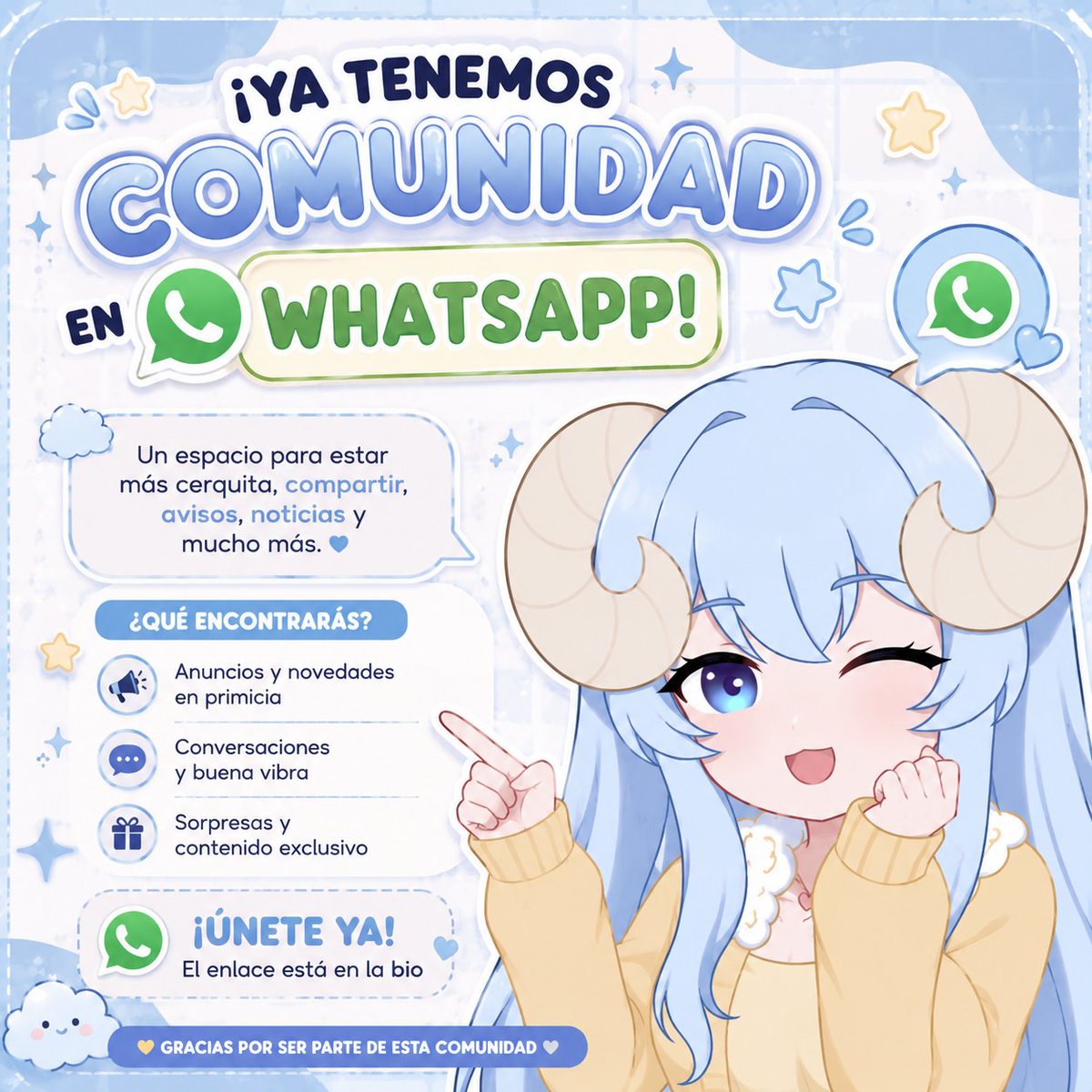 snowy_VTU's tweet photo. ✨ ¡Ya tenemos comunidad en WhatsApp! 💙
Un espacio para compartir, recibir anuncios antes que nadie, convivir y disfrutar de contenido exclusivo. 📲
¡Únete y sé parte de la comunidad! El enlace está en mi bio. ☁️💙
#WhatsApp #Comunidad #VTuber #SnowyVT #Streamer #Twitch #Gaming https://t.co/sReDJD49Gw