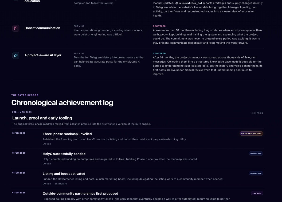 HolyCpls's tweet photo. Promises kept. Brick by brick.

The new Promises Kept page is a full chronological overview of the commitments made in the TempleOS Telegram group and beyond: each promise paired with what actually shipped as the deliverable, so you can follow how the work stacked up over more than 18 months.

JIT Compiler, Divine Manager automation, Partner infrastructure, Public analytics, Education tools, and more! Open and declined items stay labeled honestly.

To celebrate, because we know you guys love this kind of stuff, the Liquidity Pools modal now has a 'Volume' view.

Drag and slide the token-pair bubbles. They move with physics. Lines between them are real Divine Manager routes, so you can compare route volume across our ecosystem.

Pools show what is available. Volume shows how activity moved, have fun!

https://t.co/4oU7nZTJ9W