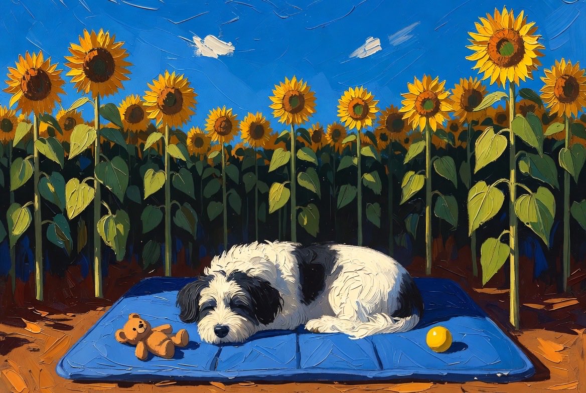 IzzyRHDog's tweet photo. Good morning from $Izzy the Robinhood dog.

Caught her mid-dream in a sunflower field… teddy + ball close by, of course.

0xd25f42d3a942dd2ac39d67cd439ccd9a3dafdd56 https://t.co/t3KcMOlPxj