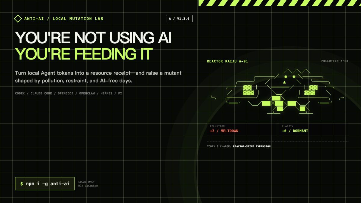 PPxu_'s tweet photo. I built a CLI to count AI tokens. It turned into a virtual pet with environmental guilt.

anti-ai turns local coding-agent logs into a satirical resource receipt, then grows a monster from how you use—or avoid—AI.

https://t.co/b4ZFCDXn8N https://t.co/JrGTgErqzi
