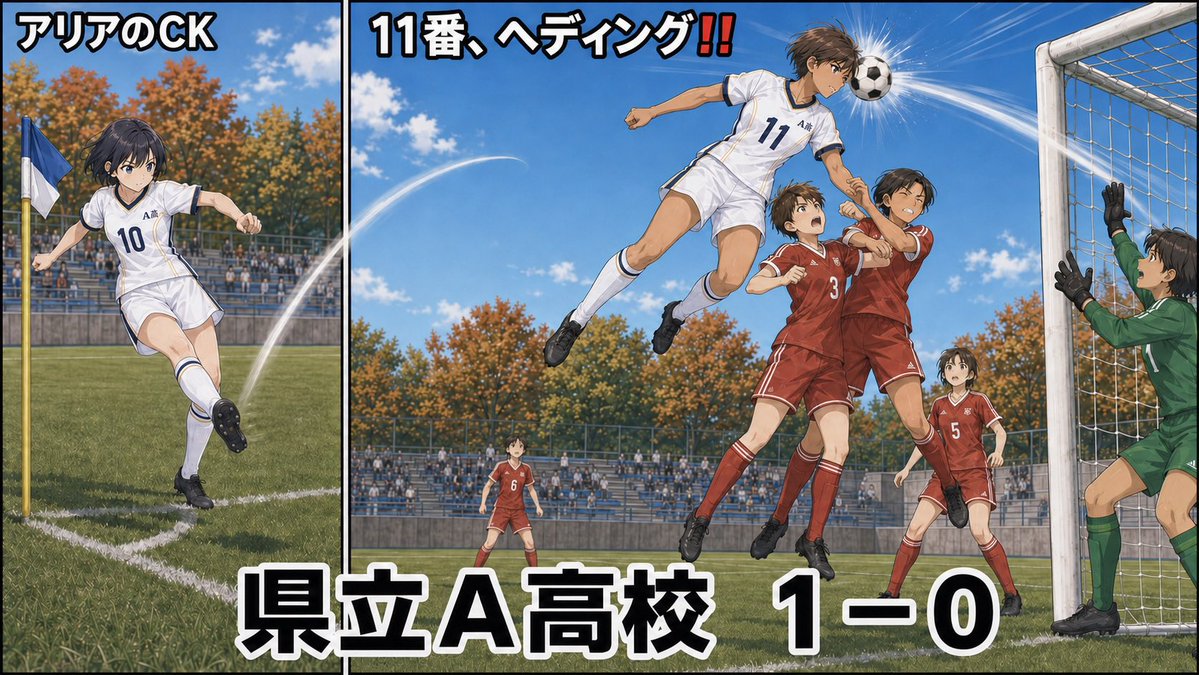 Okutami0523_Go's tweet photo. 流れの中で崩せないまま、県立A高校はコーナーキックを得た

キッカーはアリア

右足から放たれたボールが、ゴール前へ鋭く曲がる
競り勝った11番が、頭で叩き込んだ

1対0

「みんながゴールする」

その宣言へ、11番が最初の答えを返した

#乖離回 #依存 #P08 #中編 
#誰得AIシリーズ 
⬇️ https://t.co/tMLGugDLs4