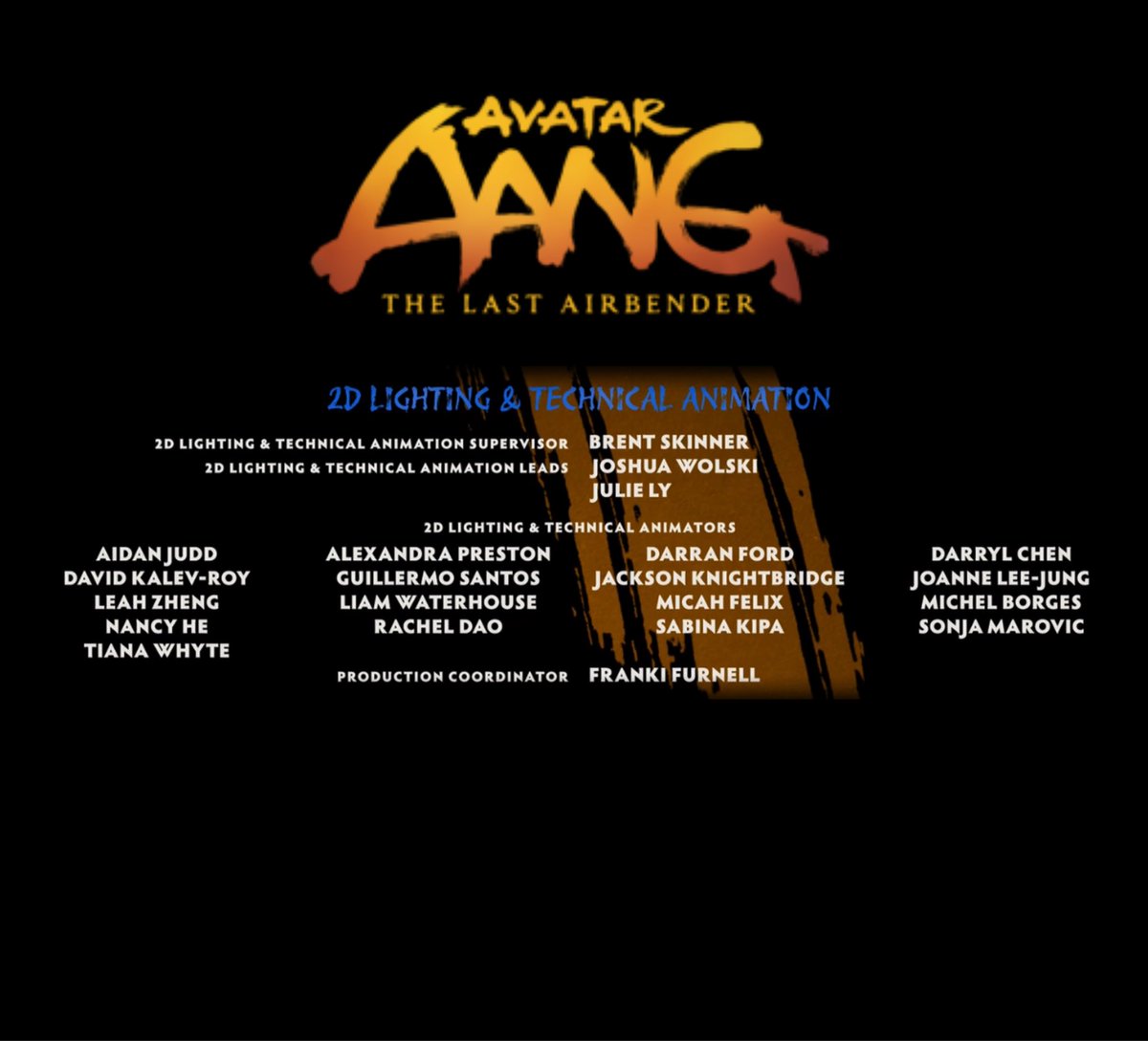 flopbears's tweet photo. Avatar Aang: The Last Airbender, is officially out!!!!

such an honour to have worked on this project at with so many amazing people 🔥 As I have no reel as a Production Coordinator (unless you want like a fancam of spreadsheets), I made this to thank the awesome prod team 🌊 https://t.co/vyeQhqZBip