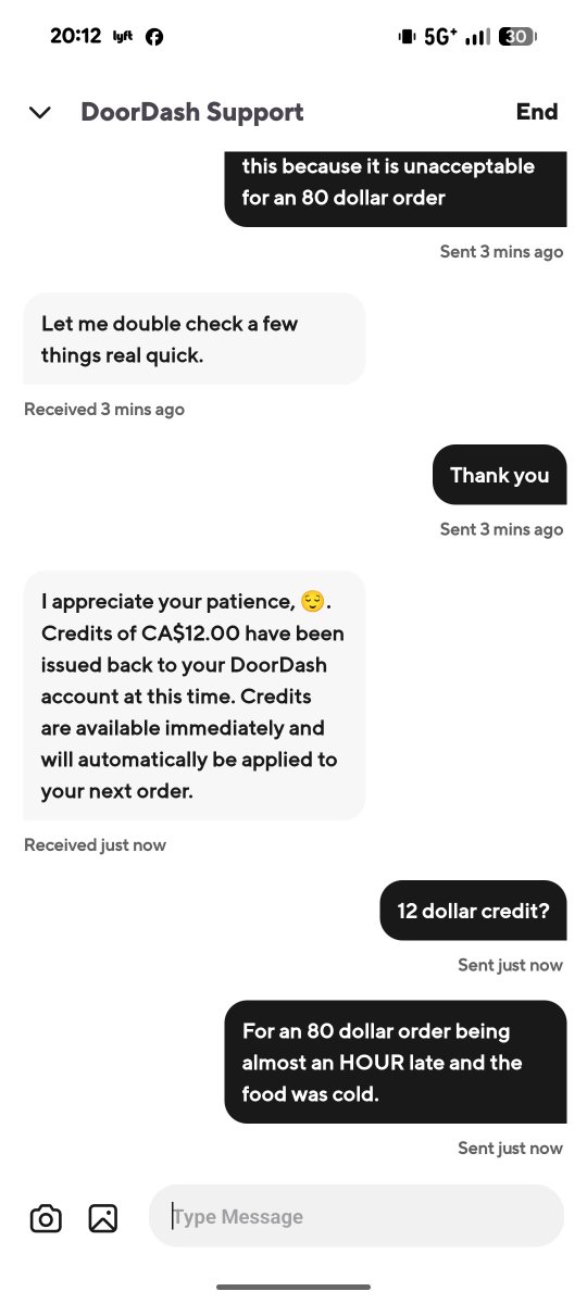 InmentoRiku's tweet photo. @DoorDash_Help @DoorDash @doordashcanada 

So my order was almost an hour late, and the most you could do was 12 dollars in credit. For an 80+ dollar order? Unacceptable. https://t.co/swCnCaCdZh