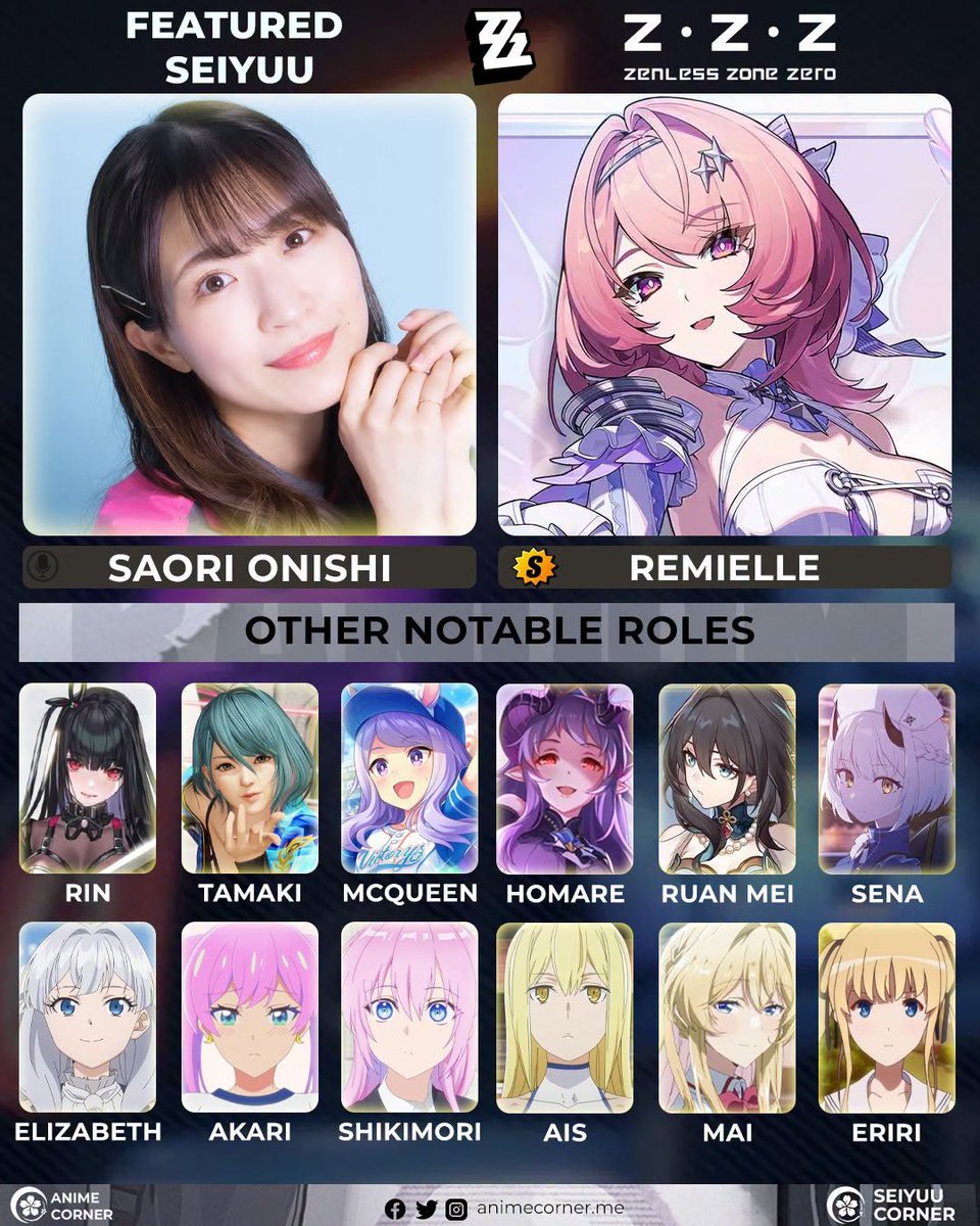 seiyuucorner's tweet photo. Saori Onishi voices the latest playable agent in Zenless Zone Zero, the Lieutenant Colonel of the Guard of Staves, Remielle! 😍✨

Good luck to all the proxies pulling in the newest signal search! 📺 https://t.co/p2H1YV8Rwi