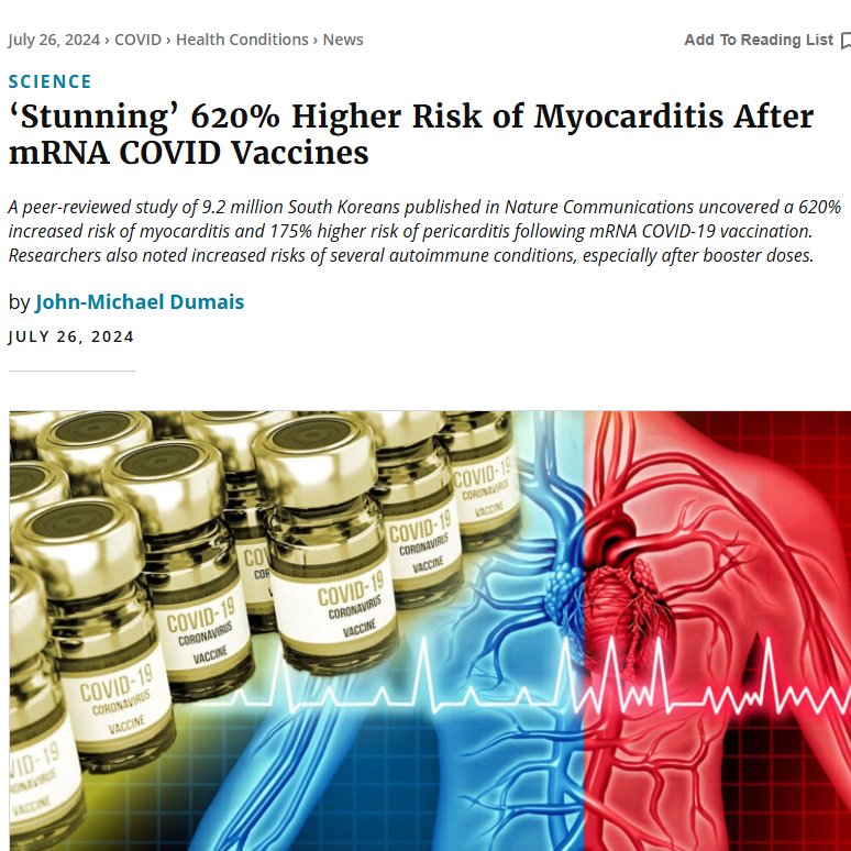 ValerieAnne1970's tweet photo. VACCINE INJURY: Massive Study of 9.2 Million People Reveals Stunning Spike in Heart Damage & Autoimmune Disease After mRNA COVID Shots.

A peer-reviewed nationwide study published in Nature Communications tracked millions of South Koreans and uncovered SHOCKING elevated risks following mRNA COVID-19 vaccination:

• 620% higher risk of myocarditis
• 175% higher risk of pericarditis
• 62% higher risk of Guillain-Barré syndrome (GBS)

On the autoimmune front the study also reported:
• 16% increased risk of Lupus
• 58% higher risk of bullous pemphigoid (large fluid-filled blisters)
• 12% rise for alopecia areata
• 14% for rheumatoid arthritis, and 16% for psoriasis

The raw percentage jumps in heart inflammation, GBS, lupus, and related conditions remain stunning and stark.

These numbers demand serious attention and warrant immediate shutdown of all mRNA injection technology and for shots to be pulled from the market.