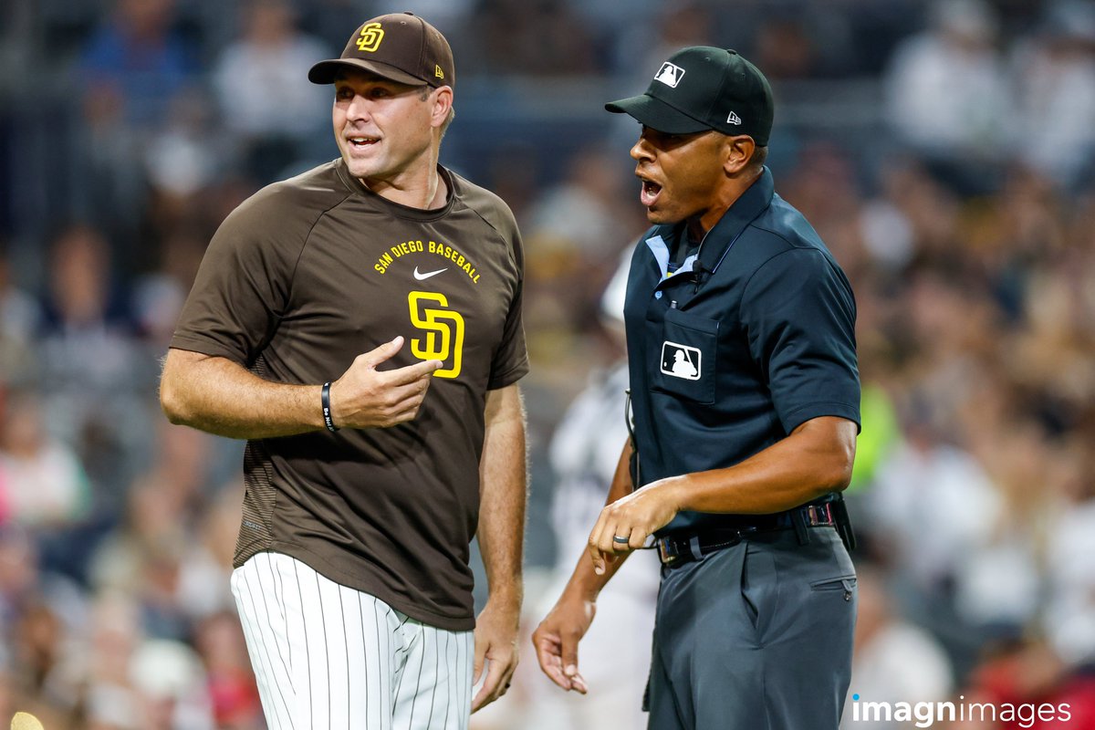 DavidFrerker's tweet photo. San Diego Padres Manager Craig Stammen was ejected during the 4th inning by home plate umpire Jeremie Rehak.

📸: on assignment for @imagnimages https://t.co/0VyoCY9OFX