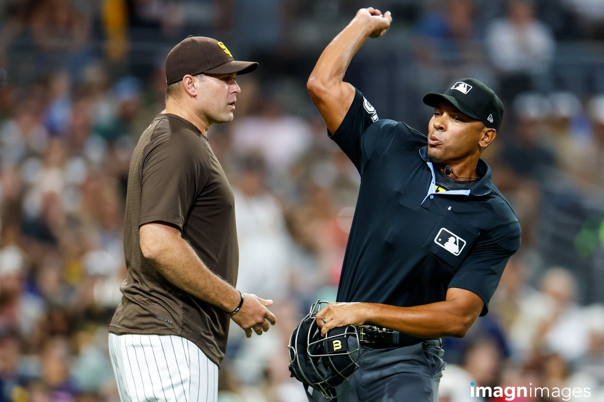 DavidFrerker's tweet photo. San Diego Padres Manager Craig Stammen was ejected during the 4th inning by home plate umpire Jeremie Rehak.

📸: on assignment for @imagnimages https://t.co/0VyoCY9OFX