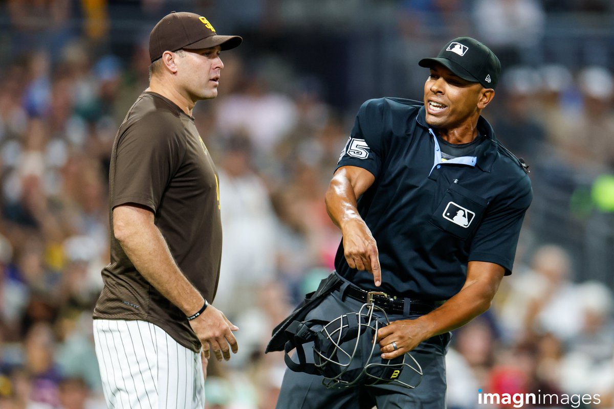 DavidFrerker's tweet photo. San Diego Padres Manager Craig Stammen was ejected during the 4th inning by home plate umpire Jeremie Rehak.

📸: on assignment for @imagnimages https://t.co/0VyoCY9OFX