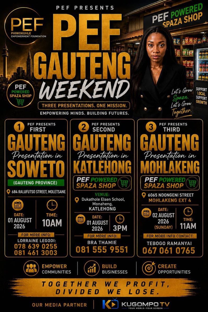Radebe_merci's tweet photo. The future of township businesses starts with us.

Join the Phiwokuhle Empowerment Foundation (PEF) as we empower entrepreneurs, connect spaza shop owners with opportunities, and build stronger local economies.

📍 Soweto – 1 August | 10:00 AM
📍 Katlehong – 1 August | 3:00 PM
📍 Mohlakeng – 2 August | 11:00 AM

✅ Free Registration
✅ Learn how the PEF Powered Spaza Shop model works
✅ Network with like-minded entrepreneurs
✅ Discover business opportunities and support

📲 Scan the QR code or register using the link on the poster to secure your spot. https://t.co/XSFvGoyQdi