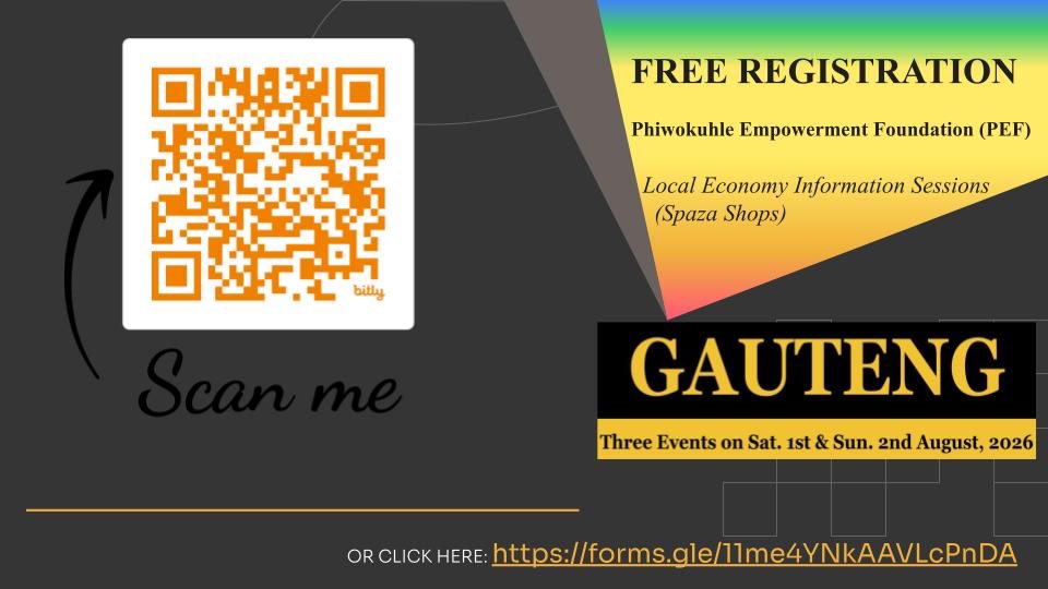 Radebe_merci's tweet photo. The future of township businesses starts with us.

Join the Phiwokuhle Empowerment Foundation (PEF) as we empower entrepreneurs, connect spaza shop owners with opportunities, and build stronger local economies.

📍 Soweto – 1 August | 10:00 AM
📍 Katlehong – 1 August | 3:00 PM
📍 Mohlakeng – 2 August | 11:00 AM

✅ Free Registration
✅ Learn how the PEF Powered Spaza Shop model works
✅ Network with like-minded entrepreneurs
✅ Discover business opportunities and support

📲 Scan the QR code or register using the link on the poster to secure your spot. https://t.co/XSFvGoyQdi