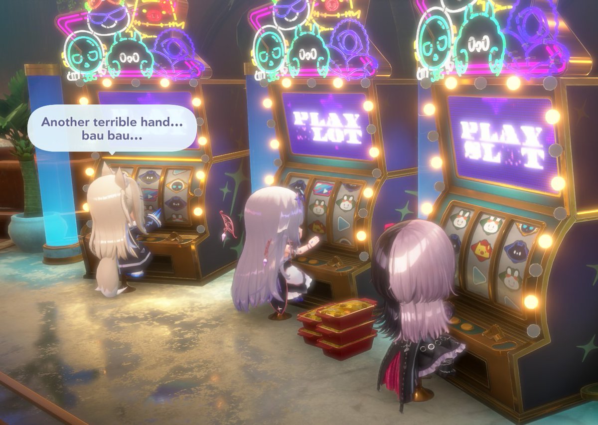 ItMeMeru's tweet photo. Advent having some fun at the slots!

Except maybe Fuwawa, bau bau :c.

#Holodori https://t.co/4zpg27Cw09