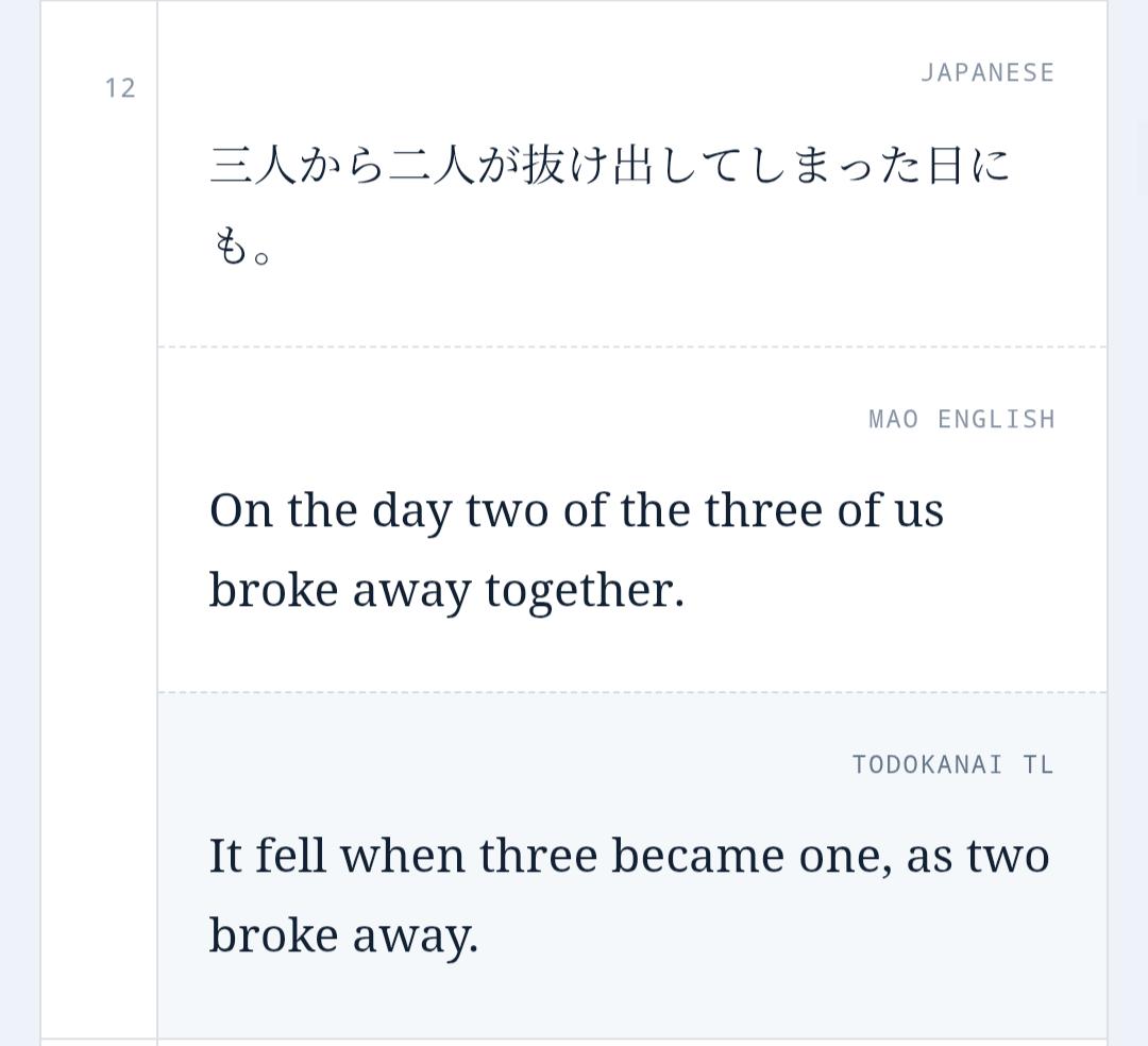 toyrodiver's tweet photo. There's a unique patheticness to the website's "author" including a feature meant to allow visitors a comparison between Todokanai's original "incompetent" translation and the disjointed AI garbage that we're led to believe "surpasses" it. An ugly, scornful waste of time. https://t.co/CXkONC3opK