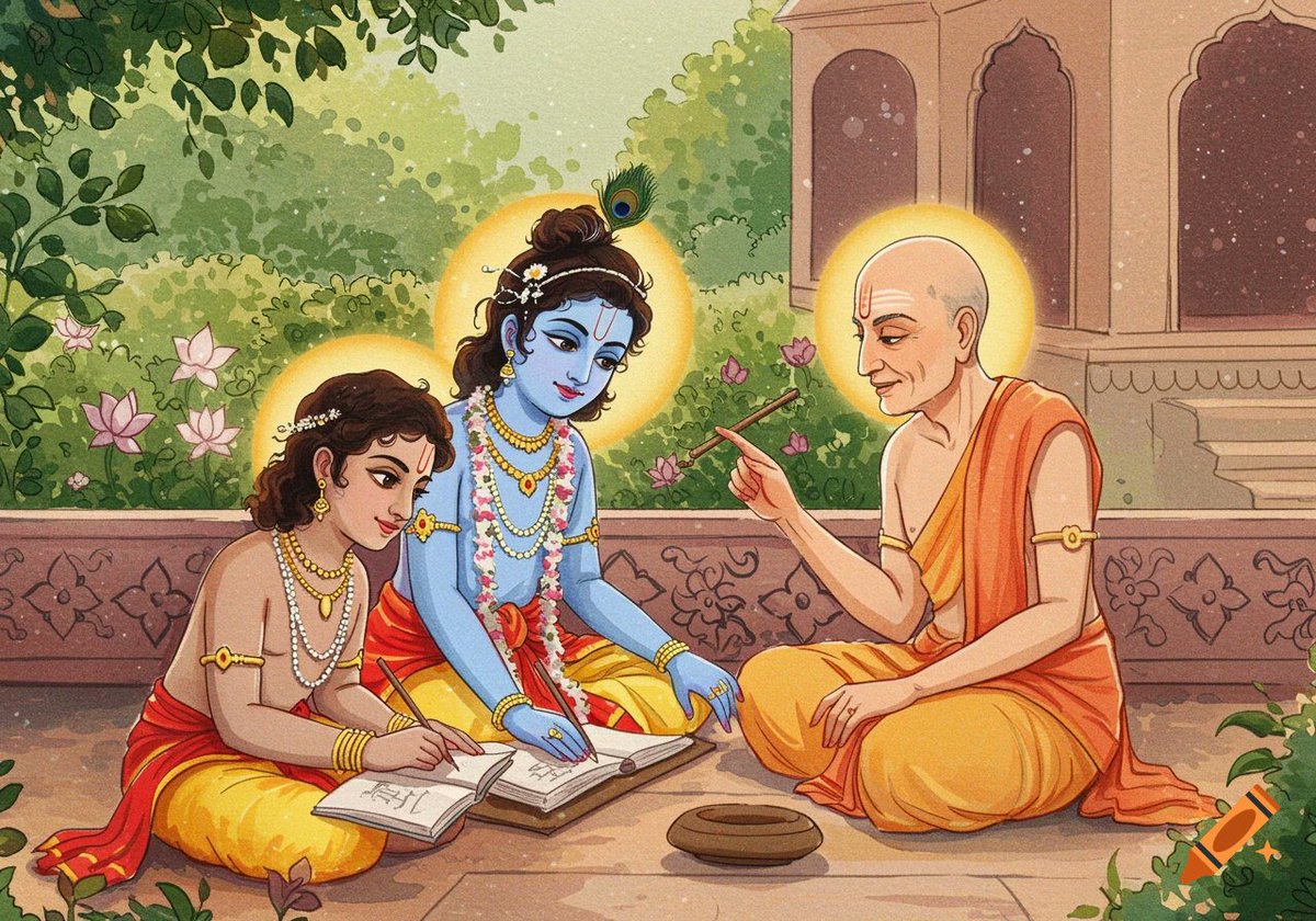 SanatanPrabhat's tweet photo. 🌸 Guru–Shishya Parampara 🌸

The Guru's greatness is ever established.
It is the disciple who must walk the path with faith, surrender, and sincere effort. 🙏

Guru: Sage Sandipani Muni
Disciple: Bhagavan Sri Krishna

Bhagavan Sri Krishna mastered the Vedas, the sciences, warfare, music, and the sixty-four kalās under His Guru's guidance.

On completing His education, He humbly sought His Guru's chosen guru-dakṣiṇā. Sandipani Muni wished for the return of his son, who had been lost to the ocean.

Bhagavan Sri Krishna journeyed in search of the boy, defeated the demon Pancajana, went to Yamaloka, and brought the child back alive.

✨ What does this teach us?

🙏 Even Bhagavan Sri Krishna bowed before a human Guru.

🌊 A true disciple serves with humility and fulfils the Guru's word without hesitation, however difficult the task.

🌼 #GuruPurnima #HappyGuruPurnima #GuruPurnima2026 #गुरु_पूर्णिमा

Picture Courtsey : @craiyonai