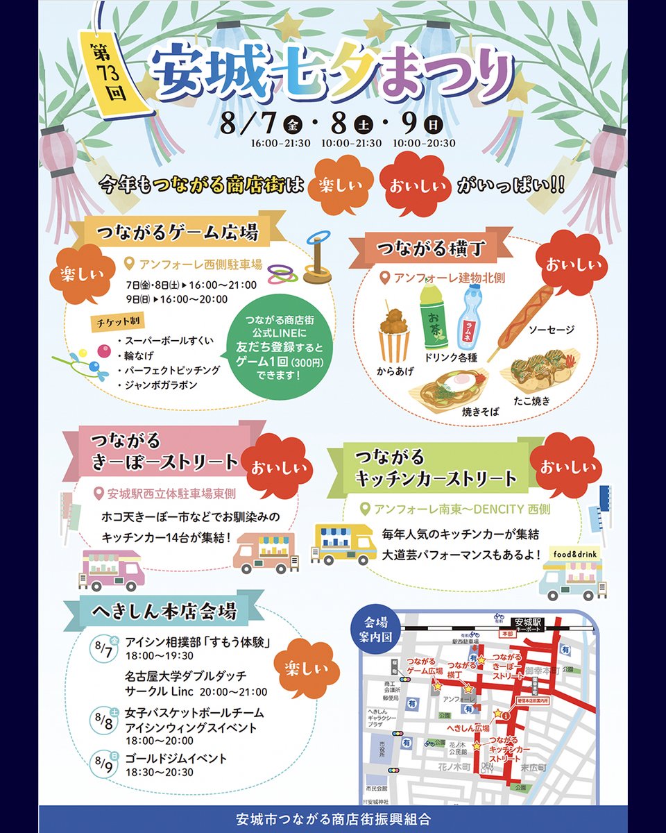 tanabata_anjo's tweet photo. 🎋✨今年も「つながる商店街」が安城七夕まつりを盛り上げます！✨

安城七夕まつり期間中、商店街エリアには
「楽しい！」と「おいしい！」が盛りだくさん😊

🎮ゲームで遊んで！
🍴グルメを楽しんで！
🚚人気のキッチンカーを巡って！
🎪大道芸パフォーマンスも楽しめます！

📍つながるゲーム広場（場所：アンフォーレ西側駐車場）
📍つながる横丁（場所：アンフォーレ建物北側）
📍つながる���ーぼーストリート（場所：安城駅西立体駐車場東側）
📍つながるキッチンカーストリート（場所：アンフォーレ南東～DENCITY西側）
📍へきしん本店会場（碧海信用金庫本店前）

ご家族やお友達と一緒に、一日中楽しめる��ベントが盛りだくさんです✨

へきしん本店会場では、
🏀アイシンウィングスイベント
🤼アイシン相撲部「すもう体験」
💪ゴールドジムイベント
🤸名古屋大学ダブルダッチサークル「Linc」
など、日替わりイベントも開催されます！

詳しい内容は、プロフィールのリンクから公式ホームページをご覧ください😊

🎋第73回安城七夕まつりは
8月7日（金）～9日（日）の3日間開催！

皆様のご来場を心よりお待ちしております✨

#安城七夕まつり #安城七夕 #安城 #安城市 #愛知県 #商店街 #キッチンカー #大道芸 #グルメ #夏祭り #イベント