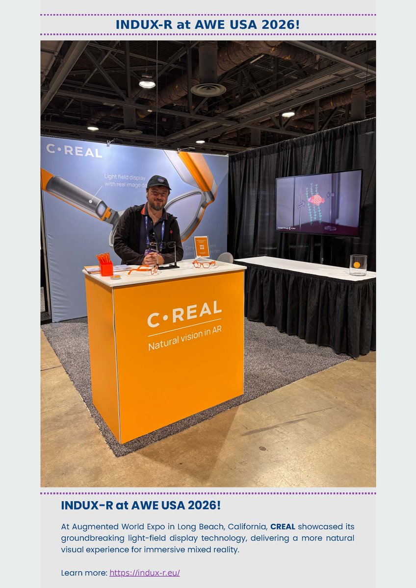 indux_r's tweet photo. 🎥 At IEEE ICIR 2026, CERTH presented a real-time AI-powered system that creates realistic 3D head avatars.
🥽 At AWE USA 2026, CREAL demonstrated its groundbreaking light-field display technology, advancing immersive XR for Industry 4.0 and Virtual Medical Training. https://t.co/RZI4j9JhFT