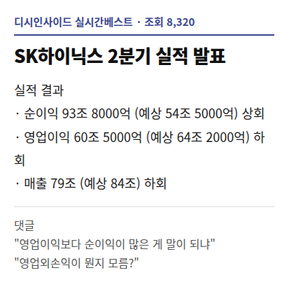SK하이닉스가 분기 사상 최대 실적을 냈는데 주가는 12% 넘게 빠지는 중임. 대표 이미지