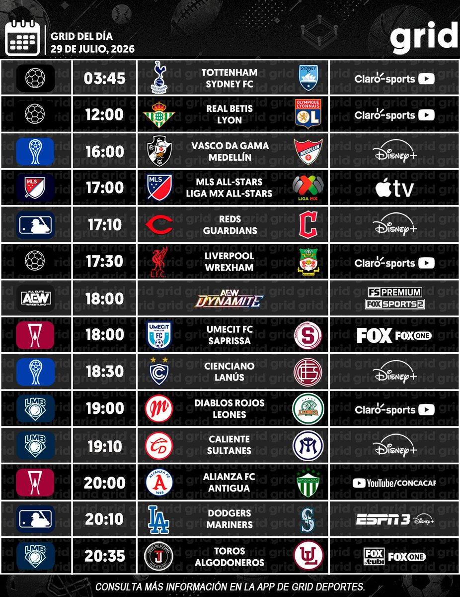 gridDeportes's tweet photo. 🗓 Grid del día miércoles, 29 de julio de 2026.

⚽️ MLS vs Liga MX All-Stars Game
⚽️ Alianza FC vs Antigua
⚾️ Dodgers vs Mariners
⚾️ Toros vs Algodoneros
👊 #AEWDynamite
Y mucho más...

ℹ️ Horarios y transmisiones para México.
⚠️ Sujeto a cambios de último momento. https://t.co/yqNdAgYoZm