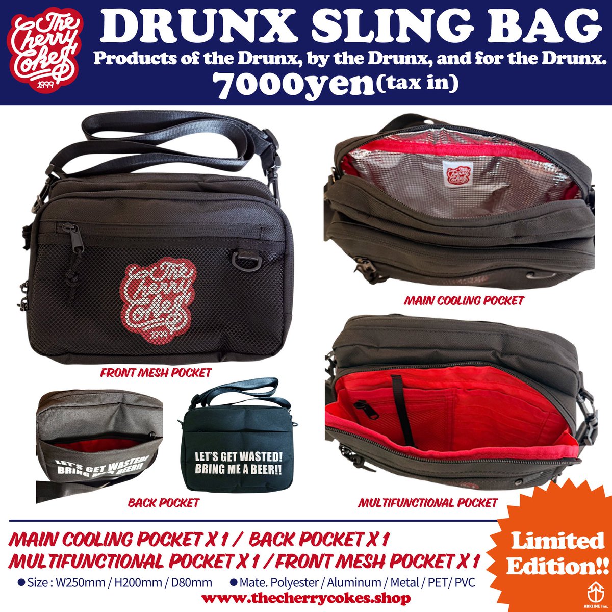 THE_CHERRYCOKES's tweet photo. 【'26夏グッズ第一弾‼️】
"DRUNX SLING BAG"
大好評だったDRUNX DAY PACKに続き、保冷素材を使用した酒クズ必見のバッグです🍻
8/1(土)DONG CHANG CRUISE2026より販売開始‼️
#チェリコ https://t.co/d7UwzvjVu9
