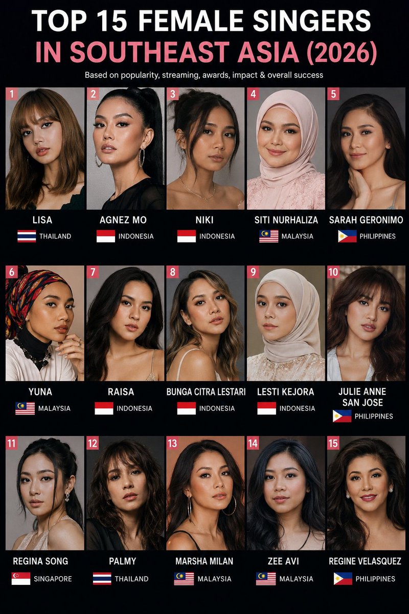 factualindexx's tweet photo. 🎤 Top 15 Female Singers in Southeast Asia (2026)

1. 🇹🇭 Lisa
2. 🇮🇩 Agnez Mo
3. 🇮🇩 NIKI
4. 🇲🇾 Siti Nurhaliza
5. 🇵🇭 Sarah Geronimo
6. 🇲🇾 Yuna
7. 🇮🇩 Raisa
8. 🇮🇩 Bunga Citra Lestari
9. 🇮🇩 Lesti Kejora
10. 🇵🇭 Julie Anne San Jose
11. 🇸🇬 Regina Song
12. 🇹🇭 Palmy
13. 🇲🇾 Marsha Milan
14. 🇲🇾 Zee Avi
15. 🇵🇭 Regine Velasquez

📊 Ranked based on a combination of current popularity, commercial success, streaming performance, awards, live performance, influence, and regional/global impact.

Who would be in your Top 15? 👇

Source: Spotify, YouTube Music, Billboard, IFPI, official streaming platforms, national music charts, and regional music industry recognition.

#SoutheastAsia #Music #Lisa #NIKI #AgnezMo #SitiNurhaliza #SarahGeronimo #Yuna