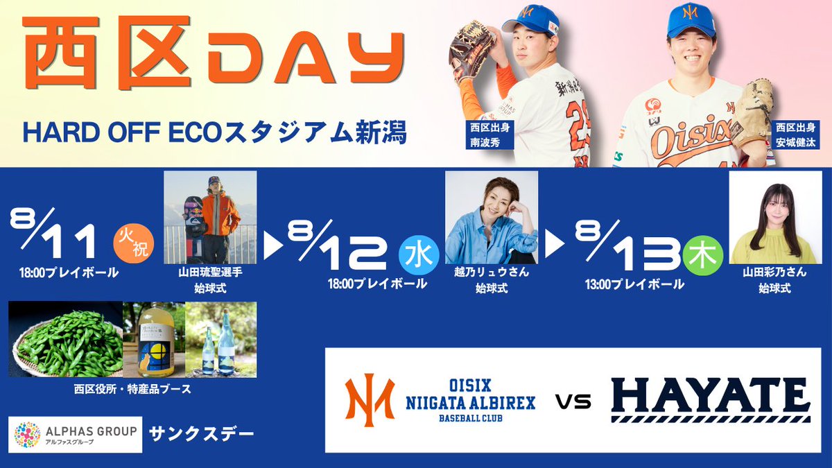 Albi_BC_PR's tweet photo. ／
#西区DAY
開催決定✨
＼

8/11-13
vs #ハヤテベンチャーズ静岡
🏟️HARD OFF ECOスタジアム新潟

◎8/11(火・祝)18:00試合開始
⚾️ミラノ・コルティナ冬季オリンピック銅メダリスト #山田琉聖 選手　始球式
🫛くろさき茶豆 試食・販売
🍶「出張！発酵街道開2026」日本酒試飲・販売
💃SSCチアリーディングスクール　チアダンス

◎8/12(水)18:00試合開始
⚾️西区かがやき大使 #越乃リュウ さん　始球式

◎8/13(木)13:00試合開始
⚾️球団アンバサダー #山田彩乃 さん　始球式

豪華ゲスト＆グルメを楽しもう！

▼詳細はこちら
https://t.co/fR8uvxzA0V

#オイシックス新潟アルビレックスBC