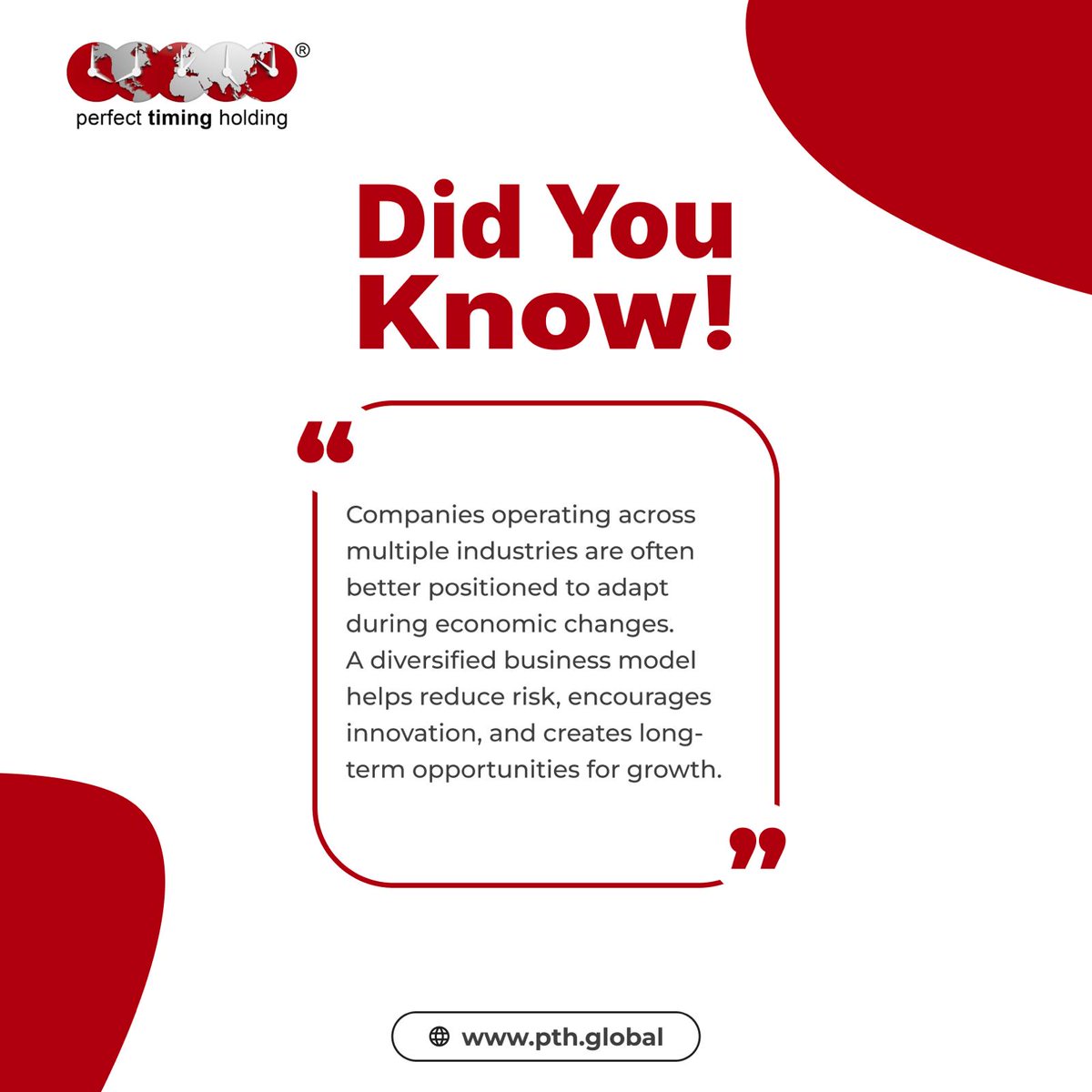 PTHWorld's tweet photo. Did You Know?
Diversified businesses are often more resilient during economic changes. Operating across multiple industries helps reduce risk, fuel innovation, and create long-term growth opportunities.
#PTH #PerfectTimingHolding #BusinessInsights #Innovation #Leadership https://t.co/vPqFJe4hJ5