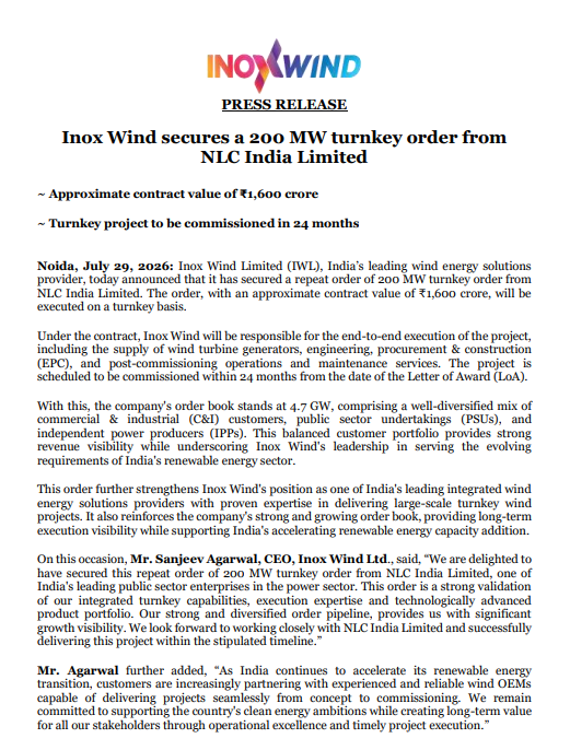 IndianStockEco's tweet photo. 🚨Inox Wind:
👉#InoxWind secures a 200 MW turnkey order from #NLCIndia Limited
#neworder #nifty #stockstowatch #stocksInFocus #stockmarketnews https://t.co/OGYeeami2O