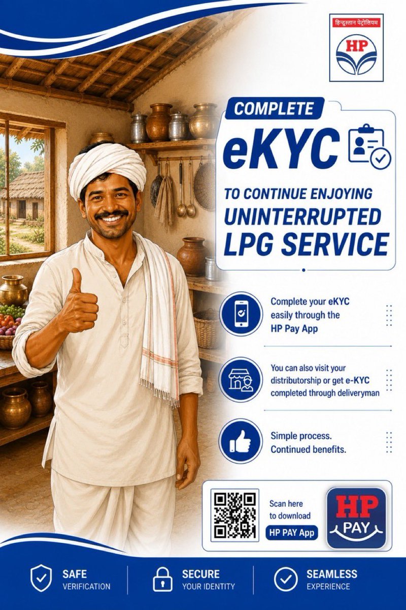 HPGASJK's tweet photo. Complete your eKYC today and enjoy uninterrupted LPG services with hassle-free and applicable subsidy benefits. Quick Steps:

✅ Install HP PAY: https://t.co/aFXhC4NcWW
✅ Download the AadhaarFaceRD app
✅ Log in using your HP Gas registered mobile number https://t.co/ibL4DSkWNt
