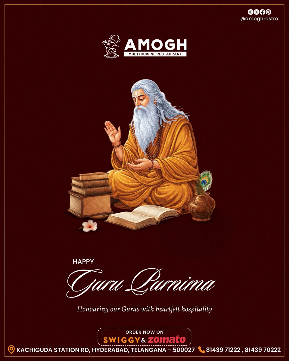 amoghrestro's tweet photo. 🙏 Happy #GuruPurnima!
Honouring the Gurus who inspire us with wisdom and values. Wishing you peace, happiness &amp; prosperity. Celebrate the occasion with delicious flavours at Amogh Multi Cuisine Restaurant. 🍽️
📍 Kachiguda, Hyderabad
#HappyGuruPurnima #AmoghRestaurant #Hyderabad https://t.co/bRNjCBuq84