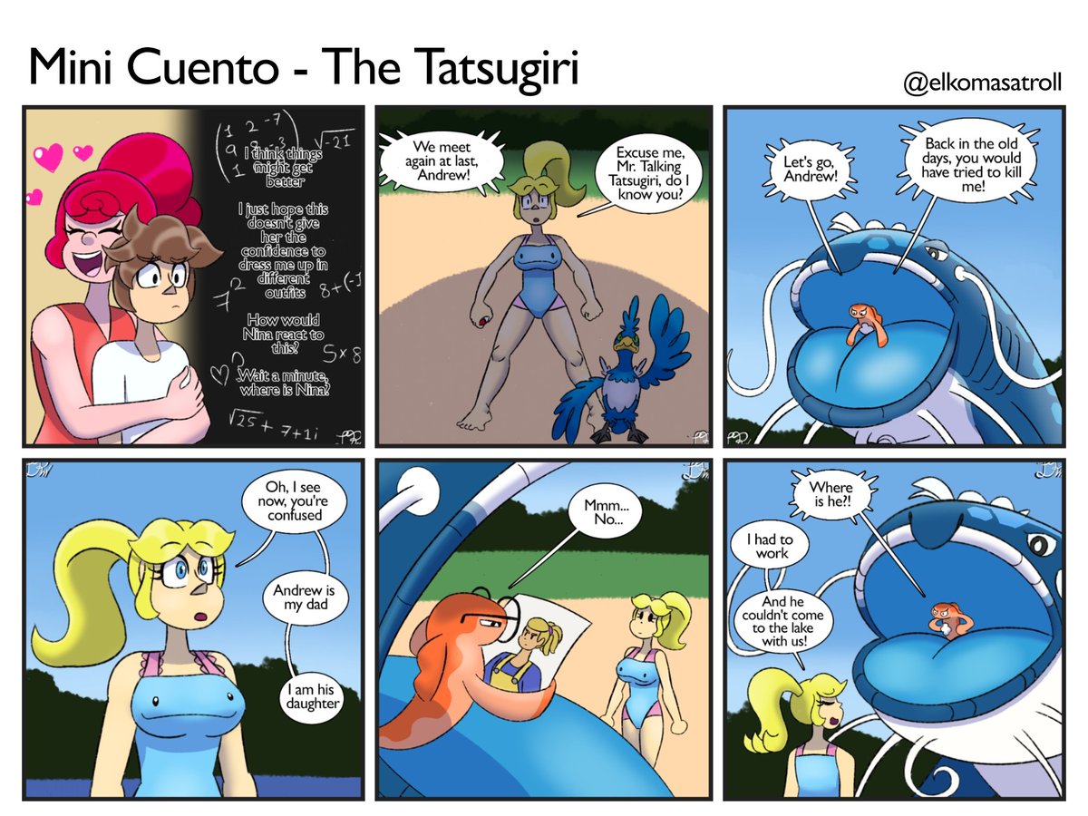 ElKomasanTroll's tweet photo. Mini Cuento – The Tatsugiri

Now calmer, Eric realizes that Nina is nowhere to be found. Where could Nina be? Well... she is facing off against a english-speaking Tatsugiri that is commanding a Dondozo
#ocart #Pokemonfanart #webcomic #digitalartwork https://t.co/QWppjBGlw3