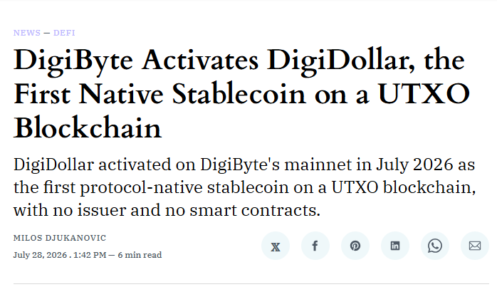 DigiByteCoin's tweet photo. DigiByte Activates DigiDollar, the First Native Stablecoin on a UTXO Blockchain @stablecoininfo 

https://t.co/H5KLkVovMm https://t.co/hjkjHS8bpN