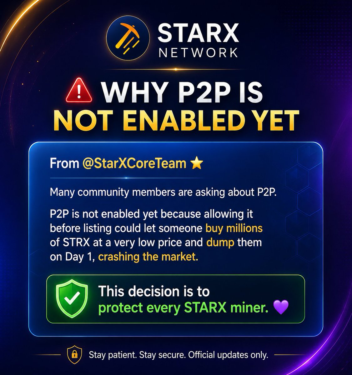 Itxzain189911's tweet photo. 🚨P2P Update from @StarXCoreTeam

Many community members are asking about P2P.

P2P is not enabled yet to help prevent large-scale dumping before listing and protect the STARX community.

#STARX #StarXNetwork #Crypto #Web3 #Blockchain #P2P #STRX #listing #growth @StarXCoreTeam https://t.co/5DEpfEgLRI