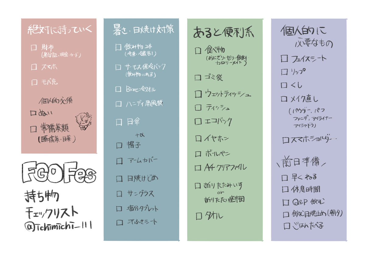 ichimichi_111's tweet photo. FGOフェスの持ち物、自分用にチェックリスト作った✌️✨
楽しみ〜！ https://t.co/jiI7NgeyNT