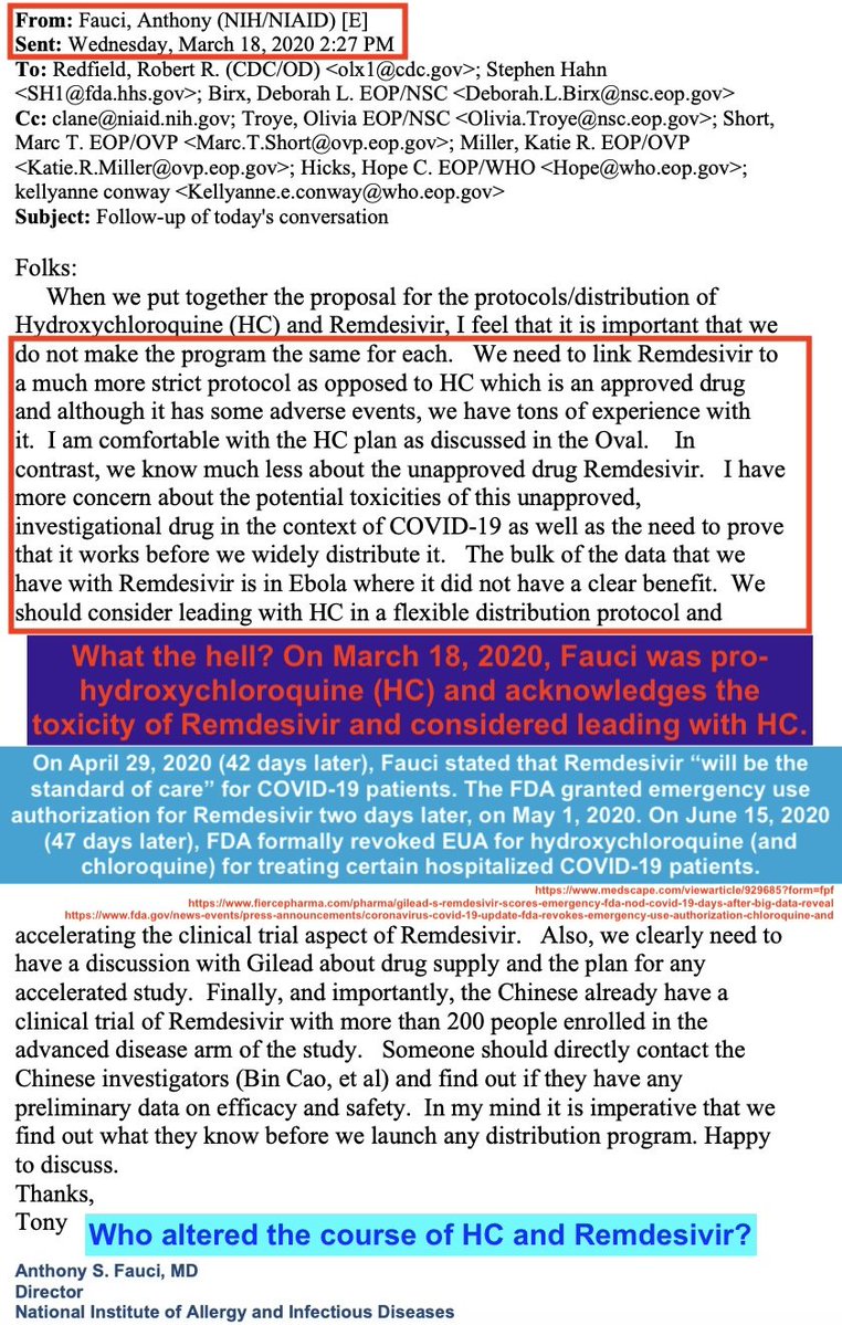 CesareSacchetti's tweet photo. Fauci nella sua corrispondenza ammetteva che il Remdesivir era molto pericoloso da somministrare ai pazienti con l'influenza "Covid". L'uomo di Bill Gates riconosceva che questo farmaco sperimentale era tossico e aveva provocato dei disastri ai pazienti dell'Ebola. La domanda più ovvia a questo punto è perché mai l'AIFA e il governo di @GiuseppeConteIT e @robersperanza abbiano autorizzato la somministrazione di questo pericoloso, e letale, farmaco sperimentale a pazienti affetti dall'influenza e che avevano altre patologie. È una domanda che però la farsesca commissione Covid del centrodestra non solleverà mai. Quella commissione è nata per tenere insabbiati gli scandali della farsa pandemica, non per portarli alla luce.