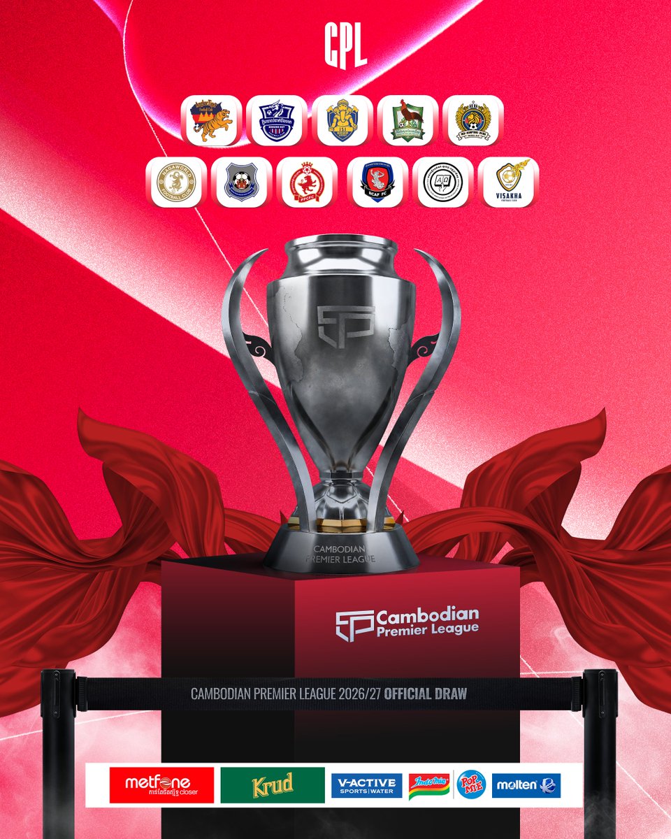 thecpl2024's tweet photo. See you this Friday! ⚽️🇰🇭

The Official Draw and CPL Season Launch Ceremony 2026/2027 🔜

Cambodian Premier League 2026/27 🏆🔴✨

Bayon Radio and Television Department (Stung Meanchey Studio) 😍📺

#CAMBODIANPREMIERLEAGUE #CPL2627 #CPL #FFC #OfficialDraw #BTV #CPLPlus https://t.co/wZGngBVjtZ
