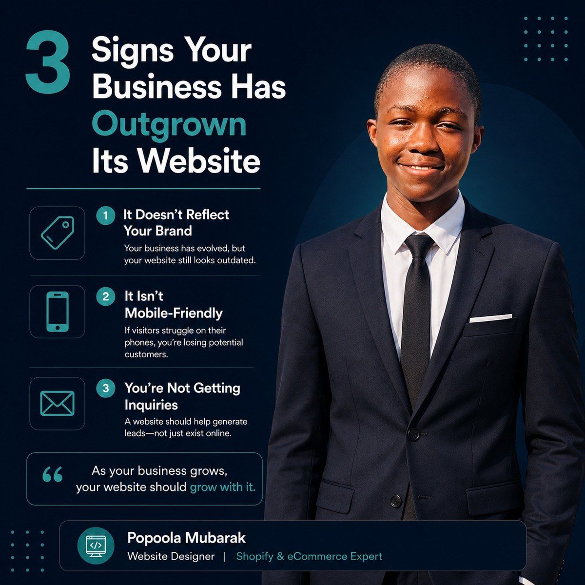 Shopifyex's tweet photo. Has your business outgrown its website?

3 signs:
✔ It looks outdated
✔ It isn't mobile friendly
✔ It rarely generates inquiries

"Your website should grow with your business."

Which of these signs relate to your brand or business most?
#WebsiteDesign #BusinessGrowth #Shopify https://t.co/WYHABjHF33