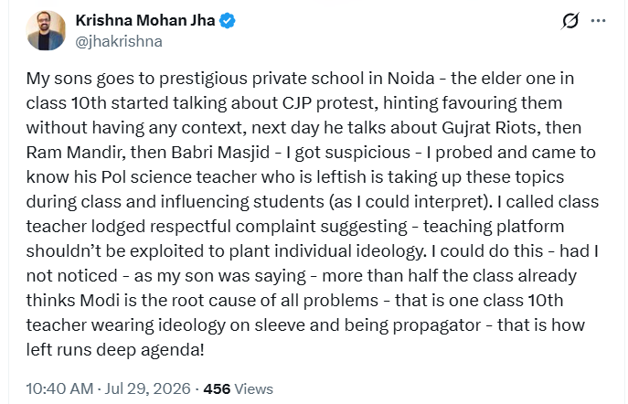 sougat18's tweet photo. Ideological Subversion at Private Schools in Noida, Delhi NCR

A major factor in the ideological conditioning of today's youth is the seamless overlap between classroom narratives and digital media. 

When specific perspectives introduced in schools via ideological leaned teachers are relentlessly reinforced by social media algorithms, students eventually reach a saturation point where they simply absorb these ideas without critical scrutiny. Breaking this cycle requires proactive parental engagement rather than systemic overhauls. 

If even a small fraction(lets say 1%) of Indian parents begin holding schools accountable for ideological overreach, educational institutions will quickly realise their quiet monopoly on shaping student perspectives is no longer viable.