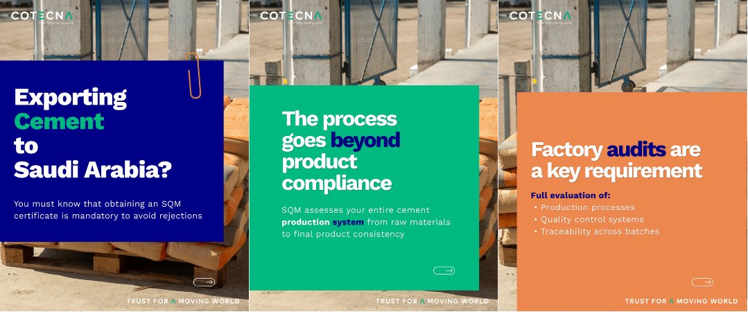 CotecnaME's tweet photo. 🚢 Exporting cement to Saudi Arabia? You’ll need SQM certification under SASO rules. 

Cotecna guides you through testing, factory audits &amp; ongoing compliance—making sure you meet Saudi standards. 

Get SQM certified today 👉 https://t.co/F1Z5dlGrJF https://t.co/sd7TFIE6YV