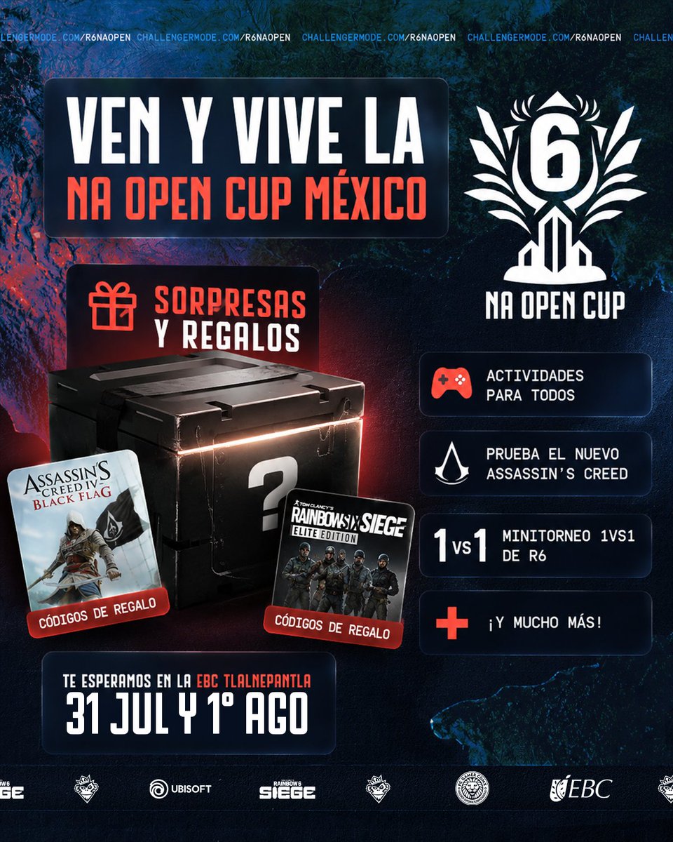 R6esportsES's tweet photo. Acompáñanos este fin de semana en la EBC Tlalnepantla y disfruta de un día lleno de actividades para toda la comunidad de Rainbow Six. 🎉

🎁 Sorpresas y regalos.

🚗 Además, el evento contará con estacionamiento para los asistentes.

¡Nos vemos en la LAN! 🔥

#R6NAOPENCUP https://t.co/ahE5Spa3Zg